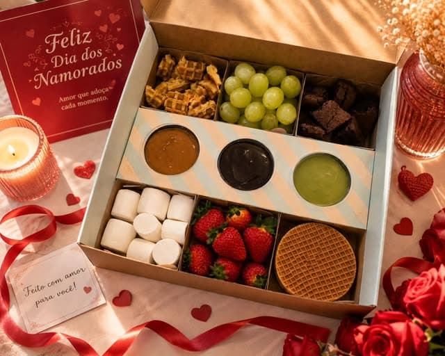 Gift box com morangos, uvas, waffles e acompanhamentos em compartimentos.